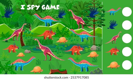 Dinosaurios prehistóricos es una hoja de trabajo de juego de espías para niños. Tarea de acertijo de Vector con personajes de dibujos animados de Dino. Cuente cuántos niños se hacen la prueba, la actividad educativa para el desarrollo de la mente del bebé y el aprendizaje aritmético