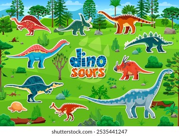 El paquete de pegatinas de dinosaurios prehistóricos presenta coloridas especies de dinosaurios en un exuberante paisaje de bosque de selva verde. Parches de Vector de dibujos animados para pasatiempos educativos o creativos para niños, actividades divertidas para niños