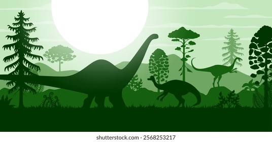 Prehistoric dinosaurs and trees silhouettes. Jurassic dino animals and reptiles vector background with silhouettes of brontosaurus, elmisaurus and jaxartosaurus, prehistoric forest, mountains, trees