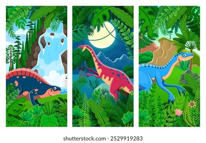 Bandeiras de vetor de dinossauros pré-históricos com personagens de animais dino cartoon na floresta de selva jurássica. Engraçado lotosaurus réptil, eoraptor e dinossauros âncora na paisagem pré-histórica da natureza