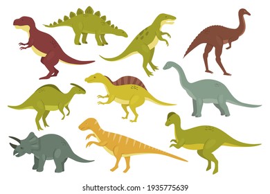 Prehistoric dinosaurs vector illustration set. Cartoon ancient wild animal monsters dino collection with stegosaurus raptor tyrannosaurus brontosaurus spinosaurus styracosaurus isolated on white