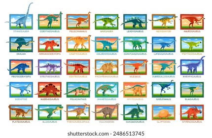 Prehistoric dinosaurs vector set. Ancient reptiles, dino animals and creatures from mesozoic era labeled with its species name. Educational paleontological infographics of ancient extinct ecosystem