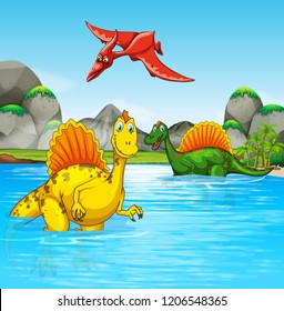 Prehistoric dinosaurs in a water scene illustration