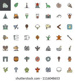 Conjunto de iconos de contorno rellenos de Elementos prehistóricos, colección de símbolos de Vector de línea, paquete de pictogramas de colores lineales. Señales, ilustración del logotipo, conjunto incluye iconos como pintura de la cueva, esqueleto de dinosaurio, mamut