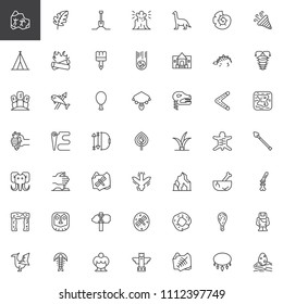 Die prähistorischen Elemente umreißen Symbole. Sammlung von linearen Stilsymbolen, Zeilenbeschriftung. Vektorgrafiken. Set beinhaltet Symbole wie Höhlenmalerei, Dinosaurskelett, Moai, Mammoth, Fossil, Stonehenge
