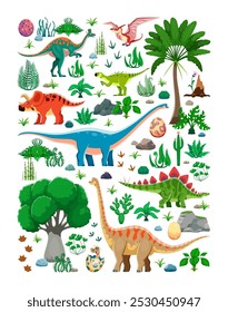 Prehistoric era dinosaur characters and dino lizards in jungle forest, cartoon vector. Funny dinosaurs and prehistoric pterodactyl lizards of Jurassic era for kids dino paleontology encyclopedia