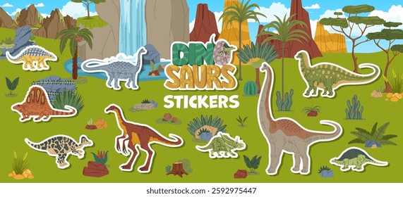 Prehistoric era dinosaur characters stickers pack. Vector patches with cartoon dino animal species roam amidst Jurassic landscape with lush greenery, palm trees, rocks, mountains and waterfall