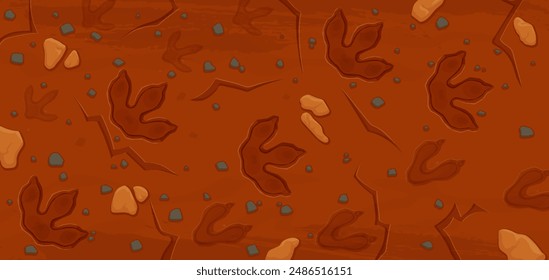 Prehistoric era dinosaur fossil footprints. Cartoon vector background with ancient dino reptile animal paw prints. Jurassic archaeological and paleontology finds, feet trail impression on brown ground