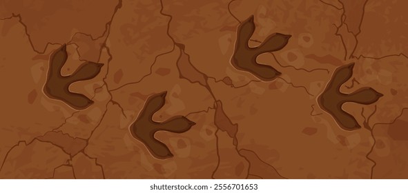 Prehistoric era dinosaur fossil footprints vector background. Cartoon dino animal foot prints or extinct reptile paw traces in brown stone. Tyrannosaurus dinosaur fossil footprints, archeology themes