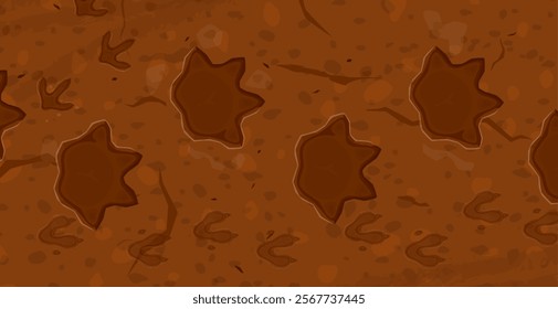 Prehistoric era dinosaur fossil footprints. Jurassic era animal archeology stone imprint, prehistory monster claws ground trace or extinct dinosaurs evolution museum fossil track vector background