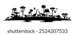 Prehistoric era dinosaur silhouettes. Black vector Jurassic landscape with dino spices shadows, flying pterosaurs, dangerous predators and towering sauropods, exotic palm trees and plants panorama