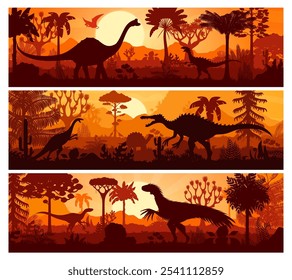 Dinossauros pré-históricos na paisagem do pôr do sol da floresta. Bandeiras horizontais vetoriais ou fundos panorâmicos com sombras de dino vagando pacificamente na cena do pôr do sol com palmeiras em frente ao grande céu do entardecer