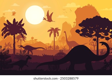 Dinosaurios de la era prehistórica siluetas de bosque de selva jurásica con puesta de sol, fondo de paisaje de Vector. Dibujos animados de dinosaurios prehistóricos, lagartos y siluetas de pájaros en el parque de la era Jurásica con sol