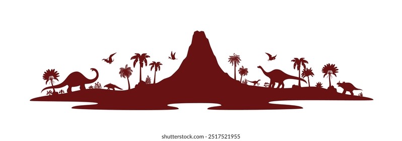 Siluetas de dinosaurios de la era prehistórica. Vector panorámico de la era jurásica con especies de dinosaurios, palmeras y volcán, enfatizando la atmósfera salvaje de la antigua vida terrestre primitiva