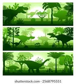 Prehistoric era dinosaurs at tropical forest landscape. Vector horizontal banners in green hues feature dino species silhouette roaming at lush jungle landscape with varied plants at sunset background