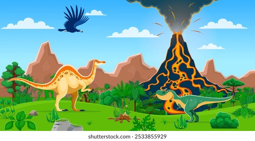 Urzeitliche Dinosaurier und Vulkanlandschaft. Vektor Jurassic Zeit Szene mit Vulkanausbruch mit Lava, umgeben von üppigem Grün und Dino Tiere fliegen und Roaming zwischen Bäumen und Vegetation