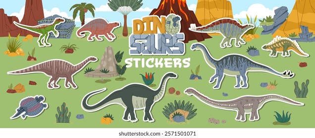 Prehistoric era giant dinosaur characters stickers pack. Vector patches with majestic Jurassic reptiles, herbivore and carnivore creatures at Jungle forest landscape with erupting volcano and plants