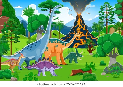 Paisaje de la era prehistórica con dinosaurios en medio de una exuberante vegetación tropical y un espectacular volcán en erupción. Escena de Vector de dibujos animados que muestra un ecosistema tranquilo pero dinámico repleto de vida de la era jurásica