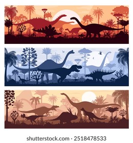 Prehistoric era landscape with dinosaurs silhouettes, horizontal banners. Vector backgrounds with dino species shadows roaming peacefully at sunset scene with palm trees in front of large dusk sky