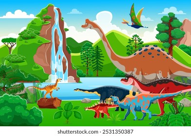 Paisaje de la era prehistórica con dinosaurios y cascada. Vector atractivo con especies de dinosaurios, exuberante vegetación y una majestuosa cascada en cascada por un acantilado. Antiguo y vibrante mundo de dinosaurios