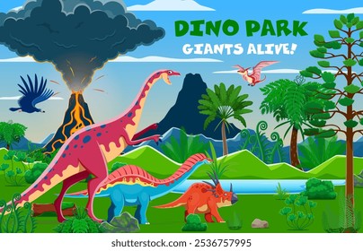 Paisagem pré-histórica com vulcão e dinossauros na floresta tropical, fundo vetorial. Cartaz do parque Dino para lagartos jurássicos e répteis da exposição do museu para crianças na floresta da selva