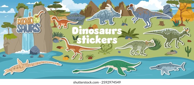 Prehistoric era reptile and dinosaur characters stickers pack. Vector patches featuring land and aquatic dino animals. Ancient reptile creatures in a landscape with mountains, rivers, and vegetation