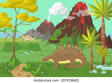 Prehistoric era scene with dinosaurs roaming near active volcanoes, palm trees, vector illustration. Jurassic landscape, cute dino animals.