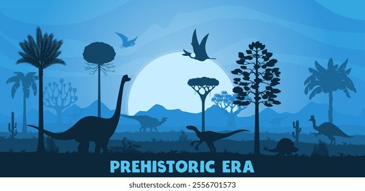 Prehistoric era sunset landscape with dinosaurs silhouettes. Jurassic dino animals and birds vector silhouettes of brachiosaurus, eoraptor, corythosaurus and tapejara dinosaurs, jurassic trees and sun