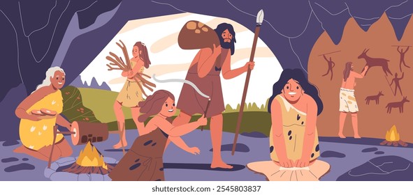 Prehistoric Family Engaged In Various Activities Inside A Stone Age Cave Setting With Cave Paintings On The Walls. Cartoon Vector Illustration Ideal For Educational Content On Prehistory