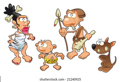 Prehistoric family. Funny cartoon and vector characters