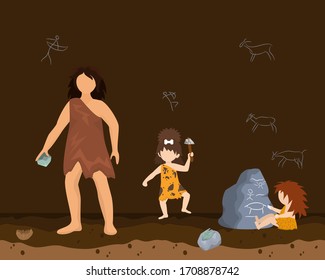 Prehistoric female character male primitive age, wildlife ancient time flat vector illustration. Woman defence family, simplistic wall drawing on cave. Single lonely mother daughter son.