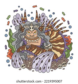 Prehistoric feral mermaid. Cute little underwater princess. Striped lionfish animal with spikes. Colorful fairytale art. Funny cartoon vector illustration for kids. Isolated on white