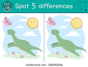 Prehistoric find differences game for children. Jurassic period educational activity with funny dinosaur. Printable worksheet with dino running for butterfly. Cute ancient animal puzzle for kids

