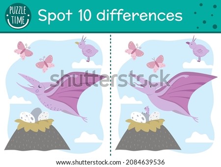 Prehistoric find differences game for children. Jurassic period educational activity with funny dinosaur. Printable worksheet with flying dino, nest with eggs. Cute ancient animal puzzle for kids
