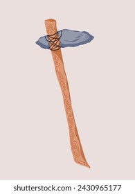 Prehistoric first human tool stone axe with wooden handle and leather binding vector illustration isolated on vertical ratio plain brown background. Simple flat cartoon art styled drawing.