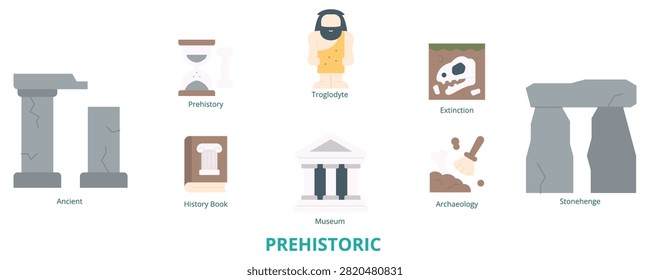 Prehistoric Flat Banner Web Icon Set Vector Illustration