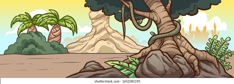 Prehistoric forest afternoon background landscape illustration. Vector clip art cartoon with simple gradients. Some elements on separate layers.
