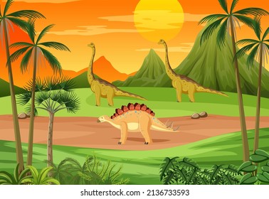 Prehistoric forest background with dinosaur cartoon illustration