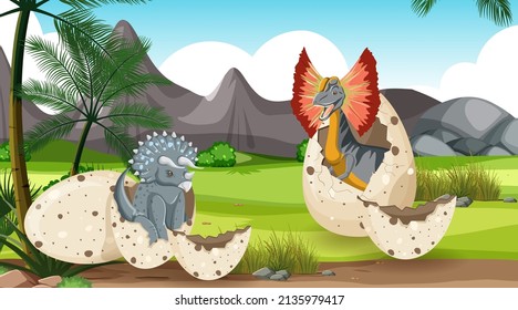 Prehistoric forest with dinosaur cartoon illustration