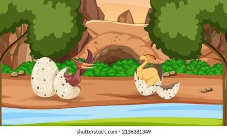 Prehistoric forest with dinosaur cartoon illustration