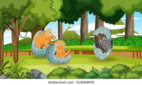 Prehistoric forest with dinosaur cartoon illustration