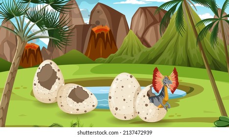 Prehistoric forest with dinosaur cartoon illustration