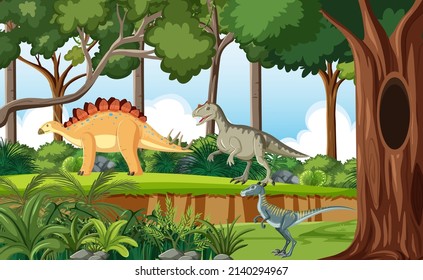 Prehistoric forest with dinosaur cartoon illustration