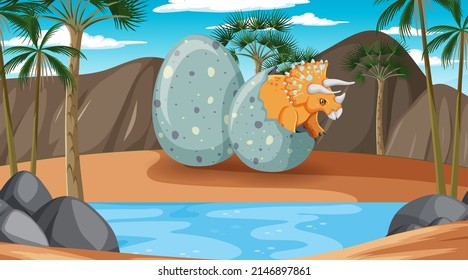 Prehistoric forest with dinosaur cartoon illustration