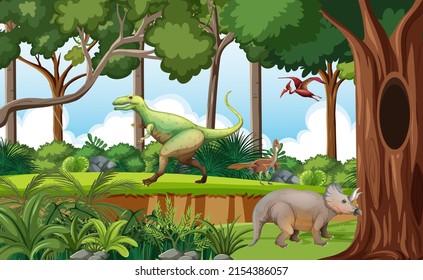 Prehistoric forest with dinosaur cartoon illustration