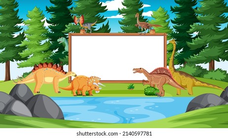 Prehistoric forest with empty board and dinosaur illustration