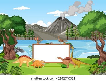 Prehistoric forest with empty board and dinosaur illustration