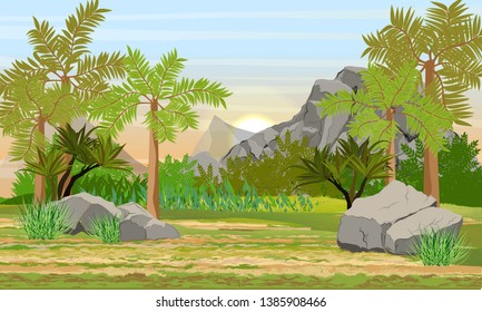 Prehistoric forest. Giant ferns, extinct plants and stones. Scene from Mesozoic or Jurassic period. Realistic Vector Landscape