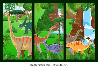 Prehistoric forest landscape, cartoon dinosaurs. Vector vibrant vertical panels depicting dino species in a lush jungle forest, bursting with life, lush tropical plants, waterfalls and ancient trees