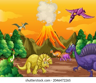 Prehistoric forest scene with various dinosaurs illustration
